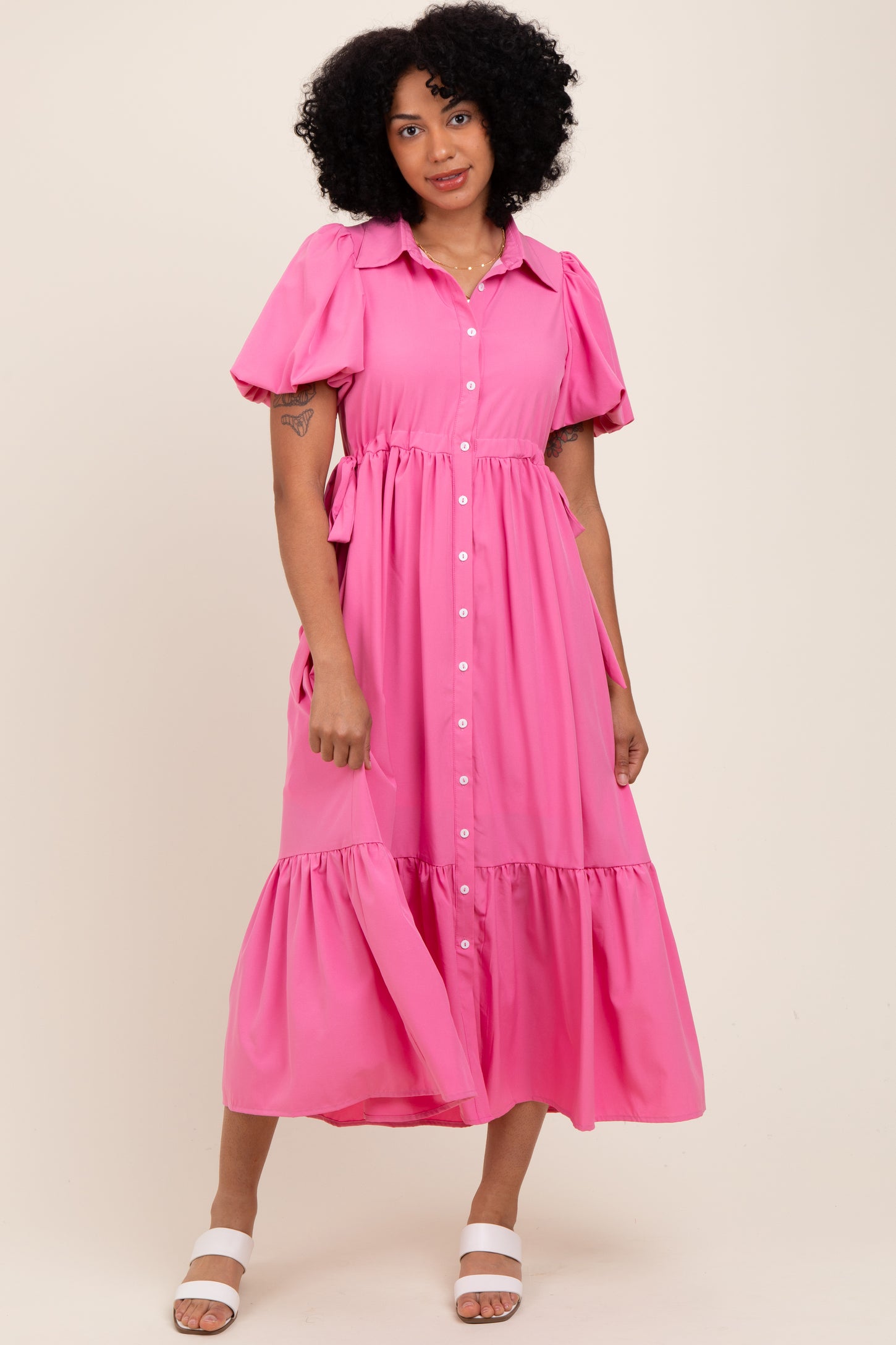 Pink Puff Sleeve Side Tie Midi Shirt Dress