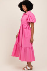 Pink Puff Sleeve Side Tie Midi Shirt Dress