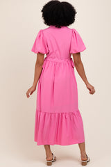 Pink Puff Sleeve Side Tie Midi Shirt Dress