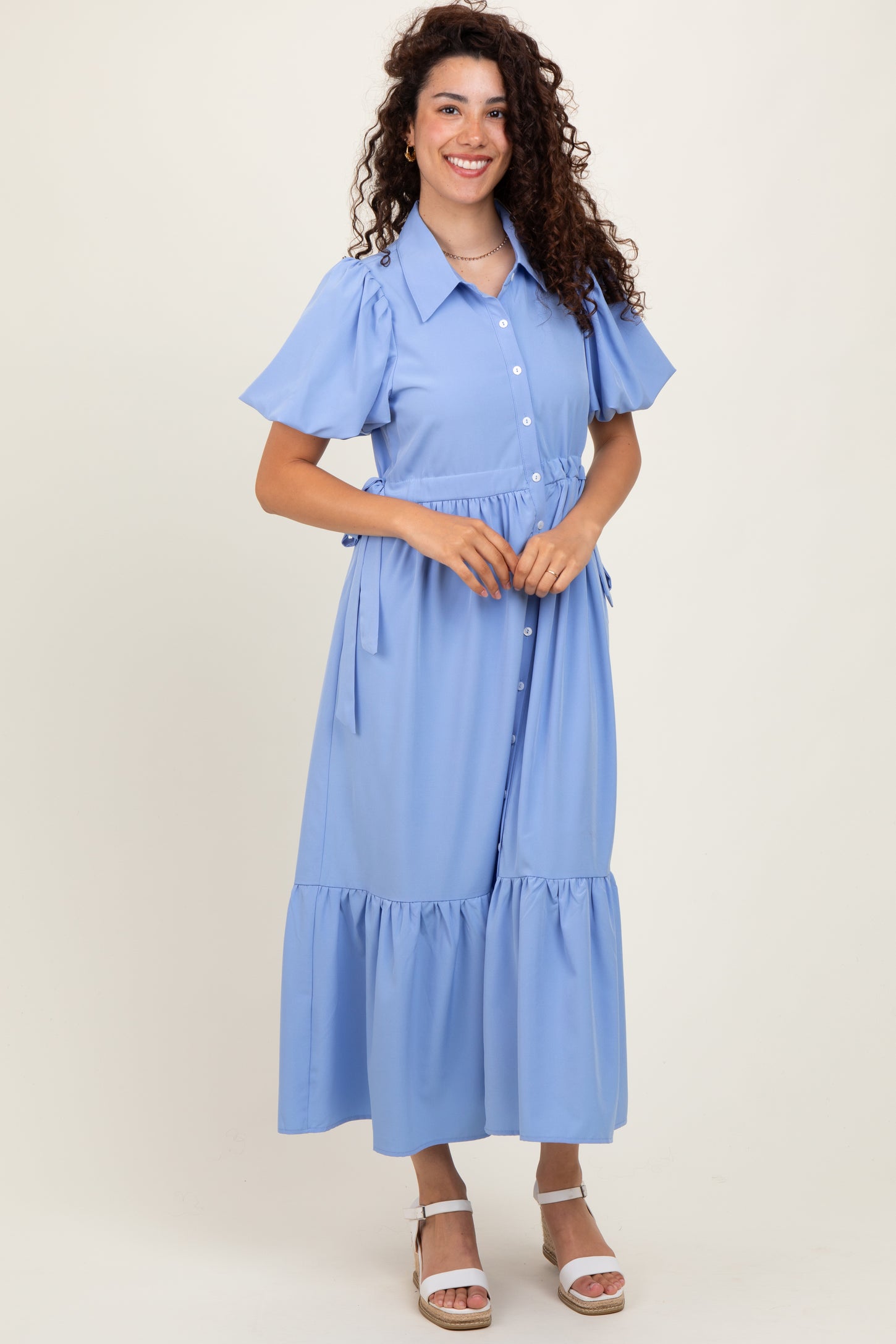 Light Blue Puff Sleeve Side Tie Midi Shirt Dress