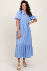 Light Blue Puff Sleeve Side Tie Midi Shirt Dress