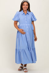 Light Blue Puff Sleeve Side Tie Maternity Midi Shirt Dress