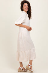 Cream Floral Applique Collared Midi Dress