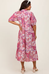 Pink Paisley Collared Ruffle Hem Maternity Midi Dress