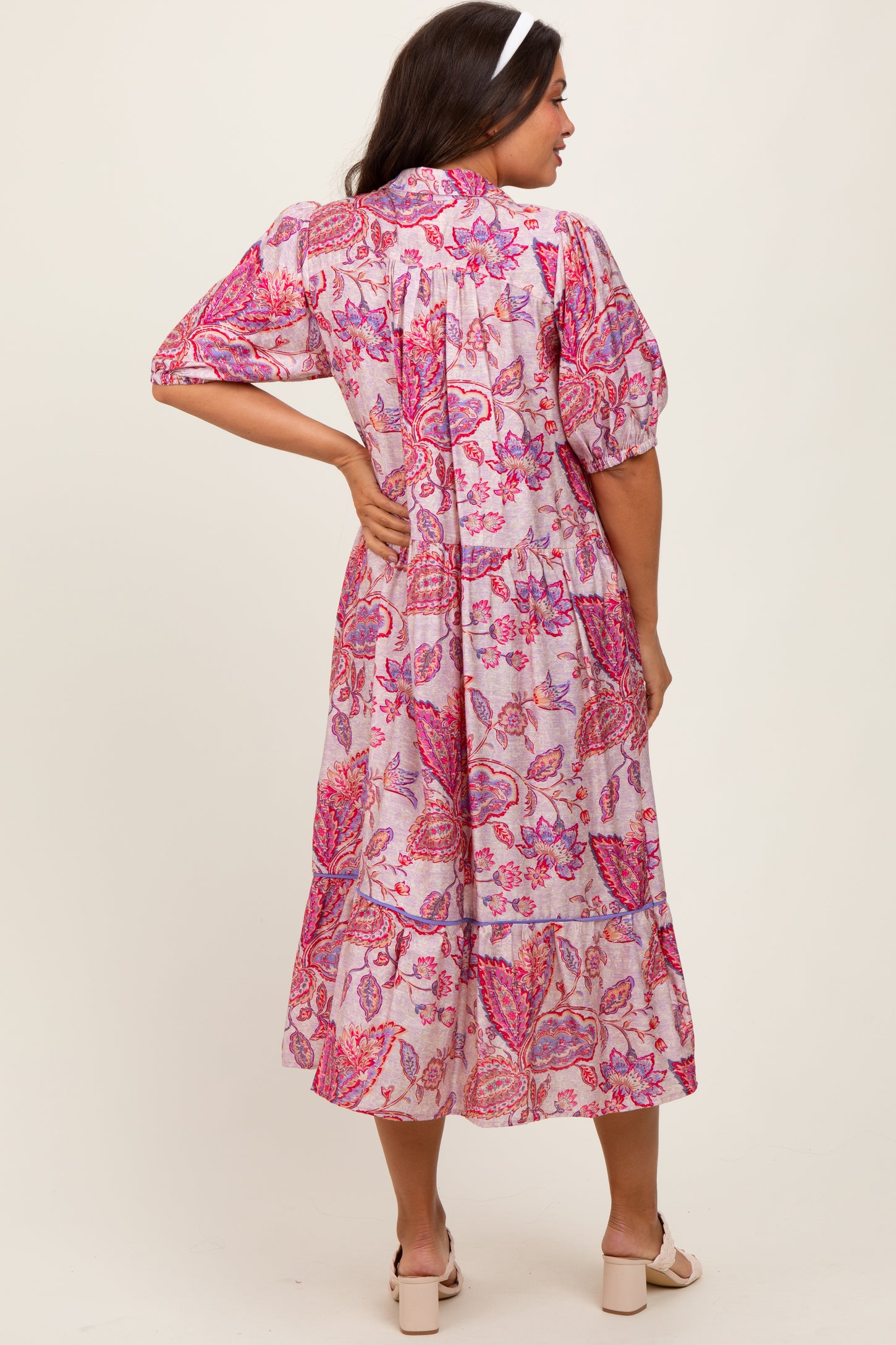 pink paisley midi dress Pink Paisley Collared Ruffle Hem Maternity Midi Dress