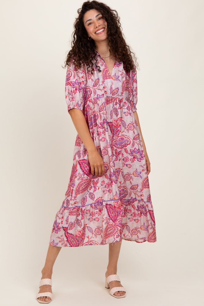 Pink Paisley Collared Ruffle Hem Midi Dress