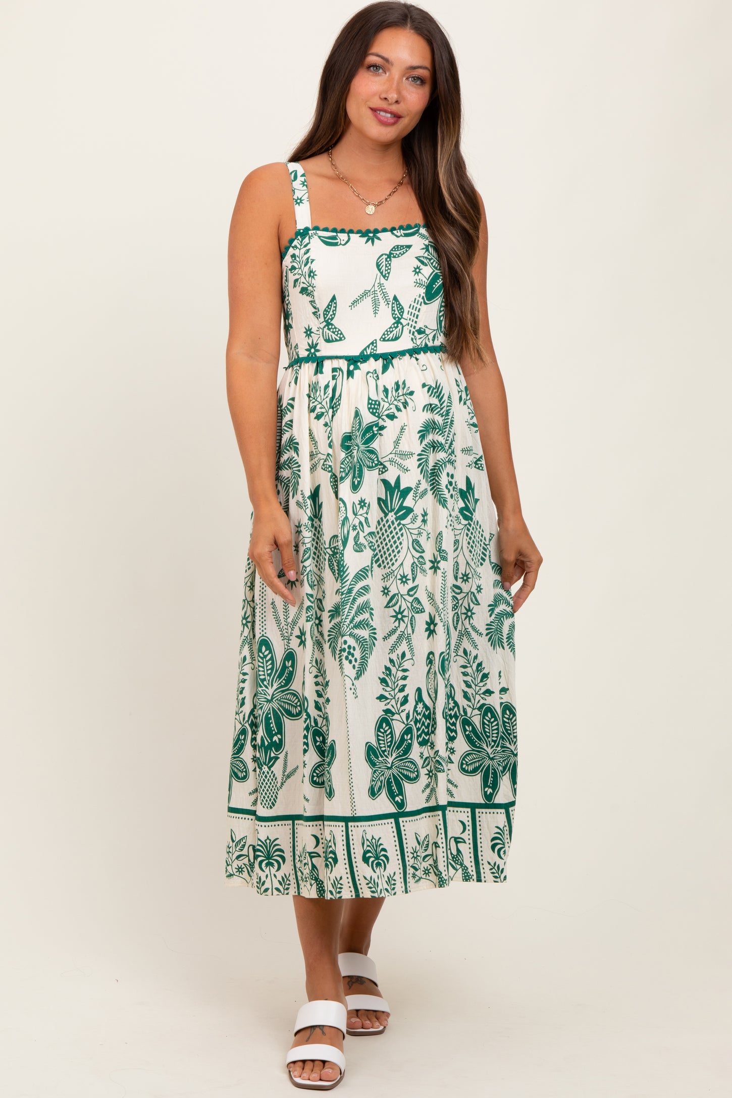 Green Floral Scallop Trim Maternity Midi Dress