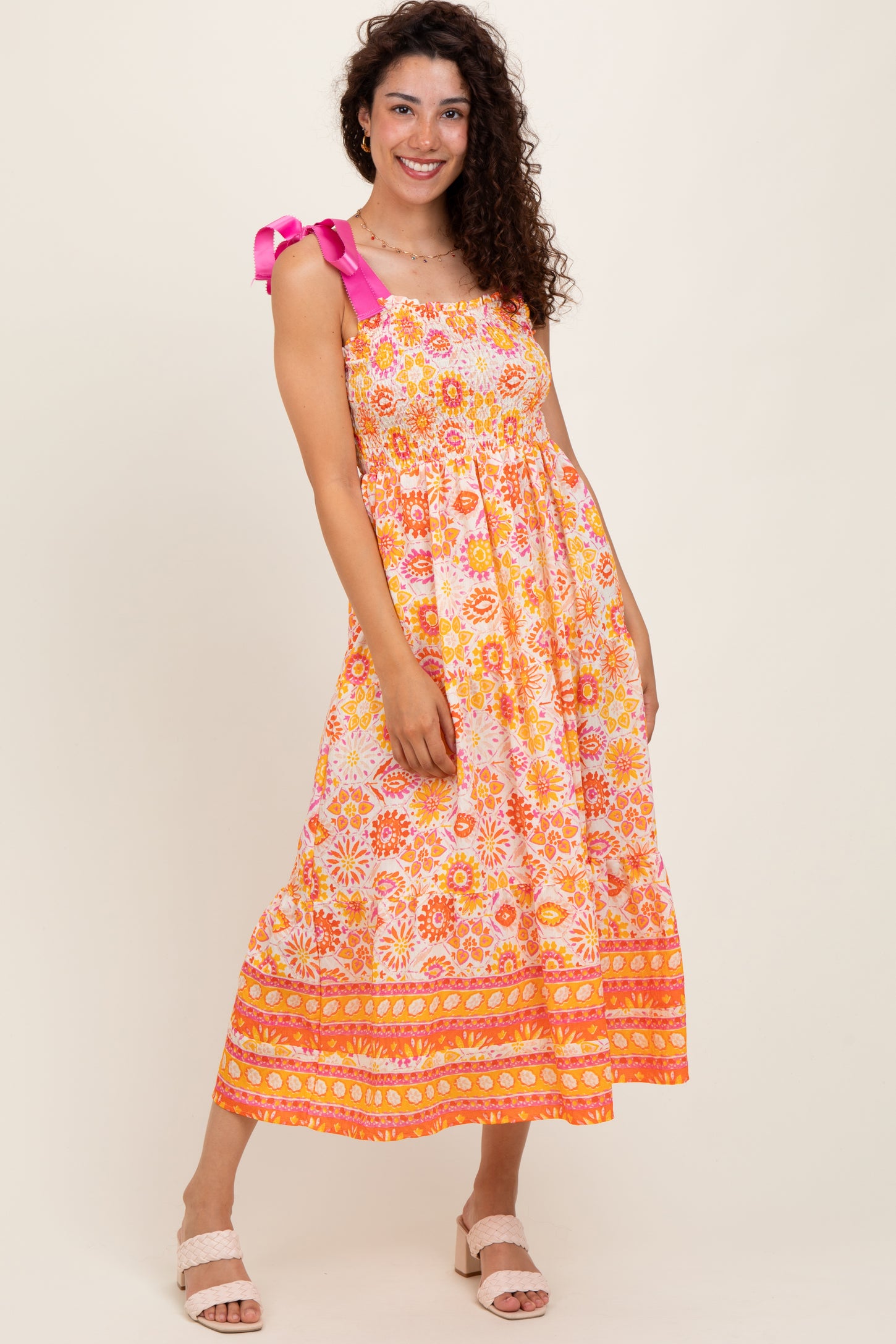 Yellow Floral Shoulder Tie Smocked Midi Dress