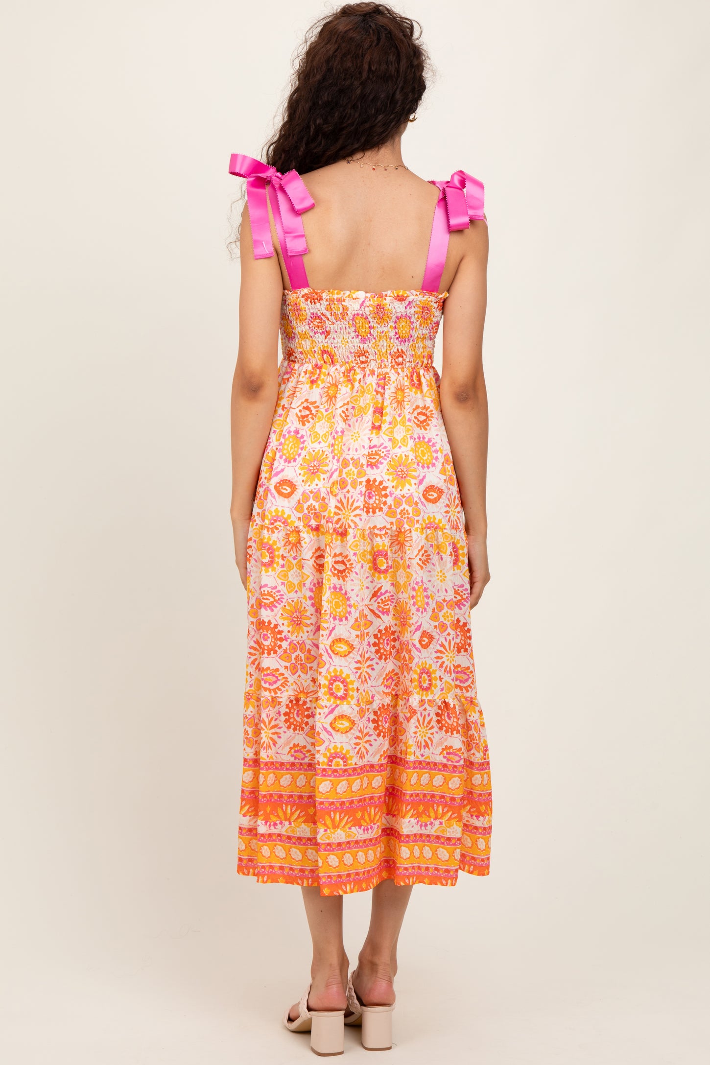 Yellow Floral Shoulder Tie Smocked Midi Dress