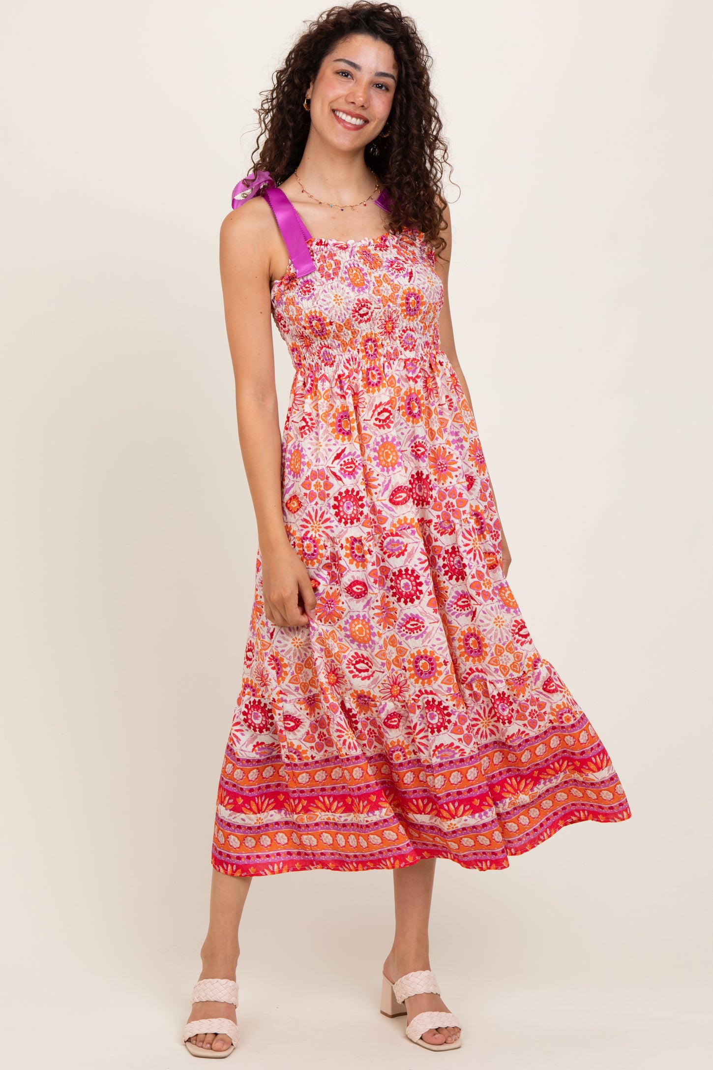 Orange Floral Shoulder Tie Smocked Midi Dress