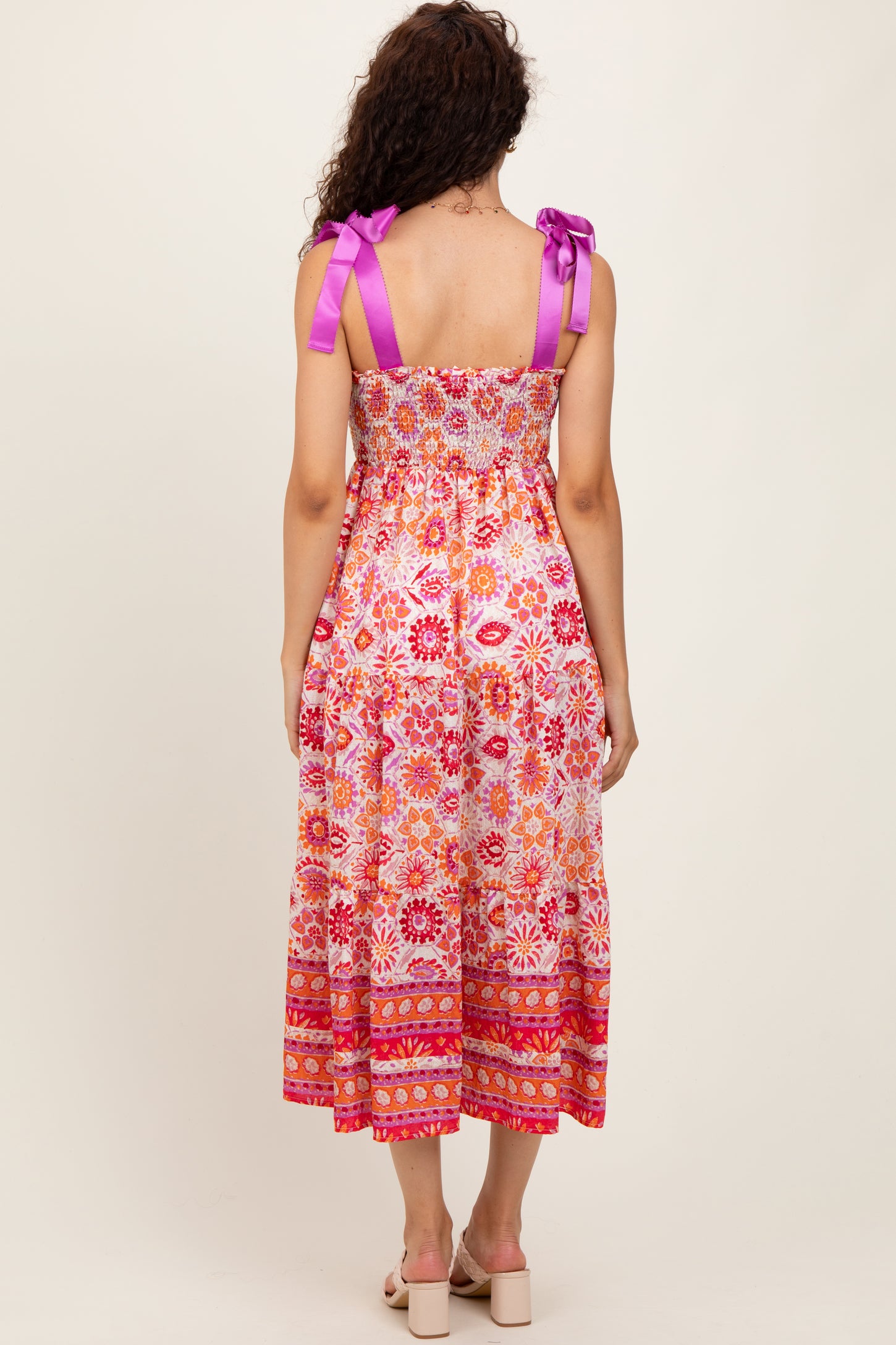 Orange Floral Shoulder Tie Smocked Midi Dress PinkBlush Orange Floral Shoulder Tie Smocked Midi Dress PinkBlush