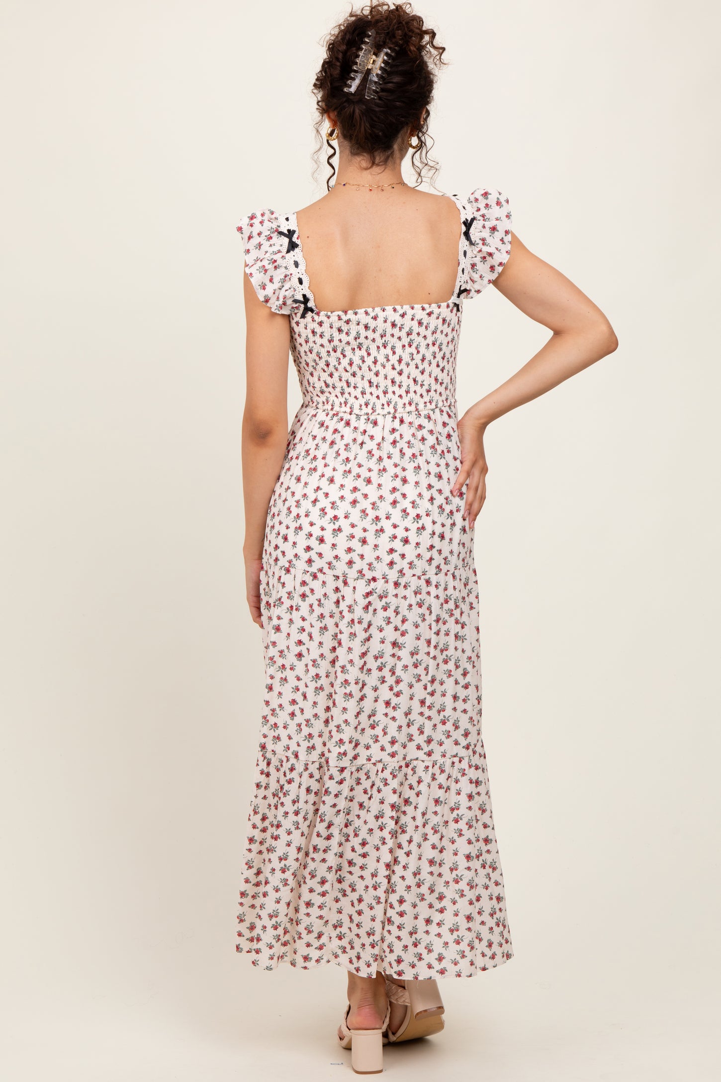 Red Floral Bow Trim Lace Detail Smocked Maxi Dress