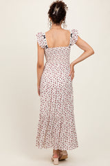 Red Floral Bow Trim Lace Detail Smocked Maxi Dress