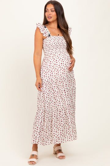 Red Floral Bow Trim Lace Detail Smocked Maternity Maxi Dress