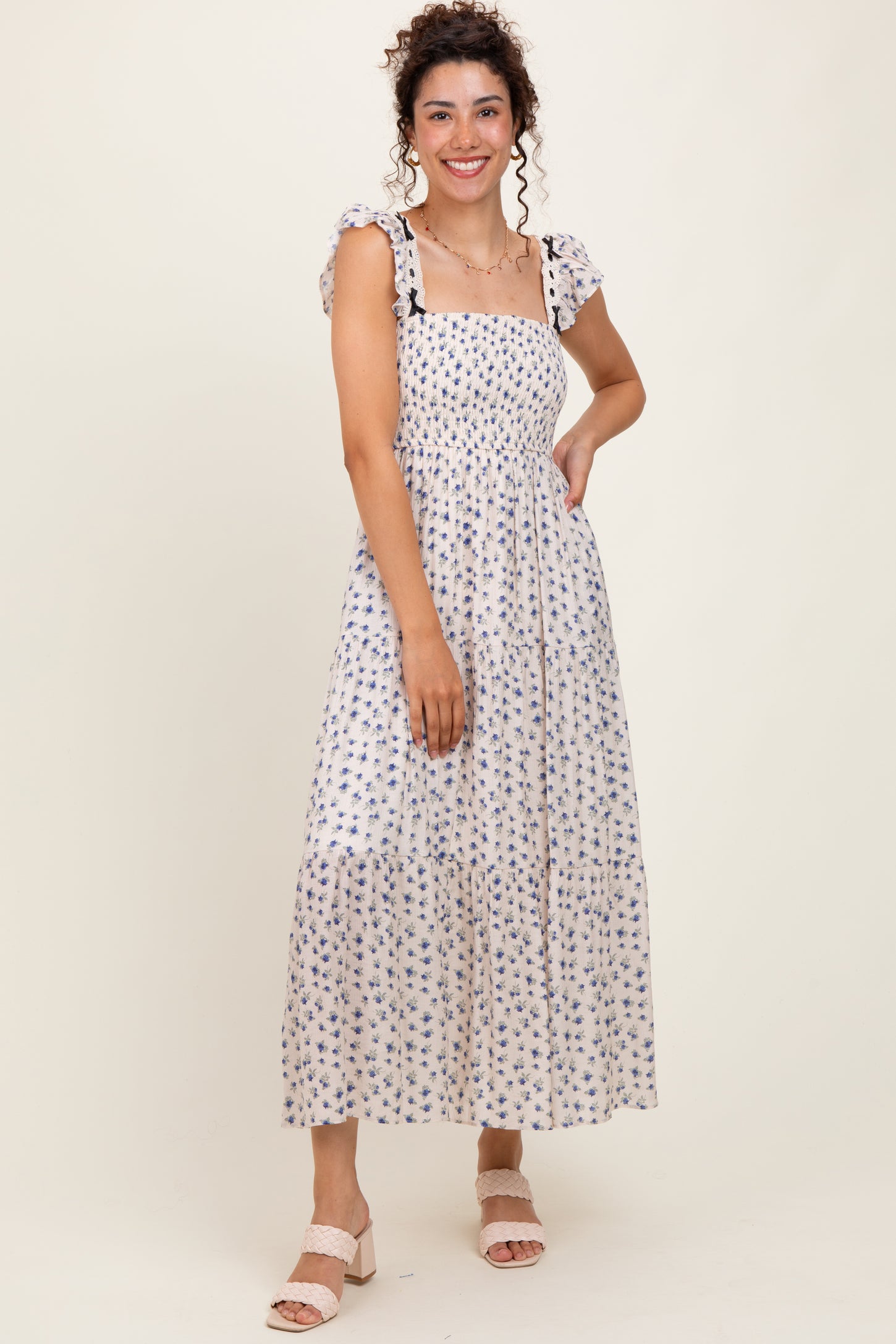Blue Floral Bow Trim Lace Detail Smocked Maternity Maxi Dress