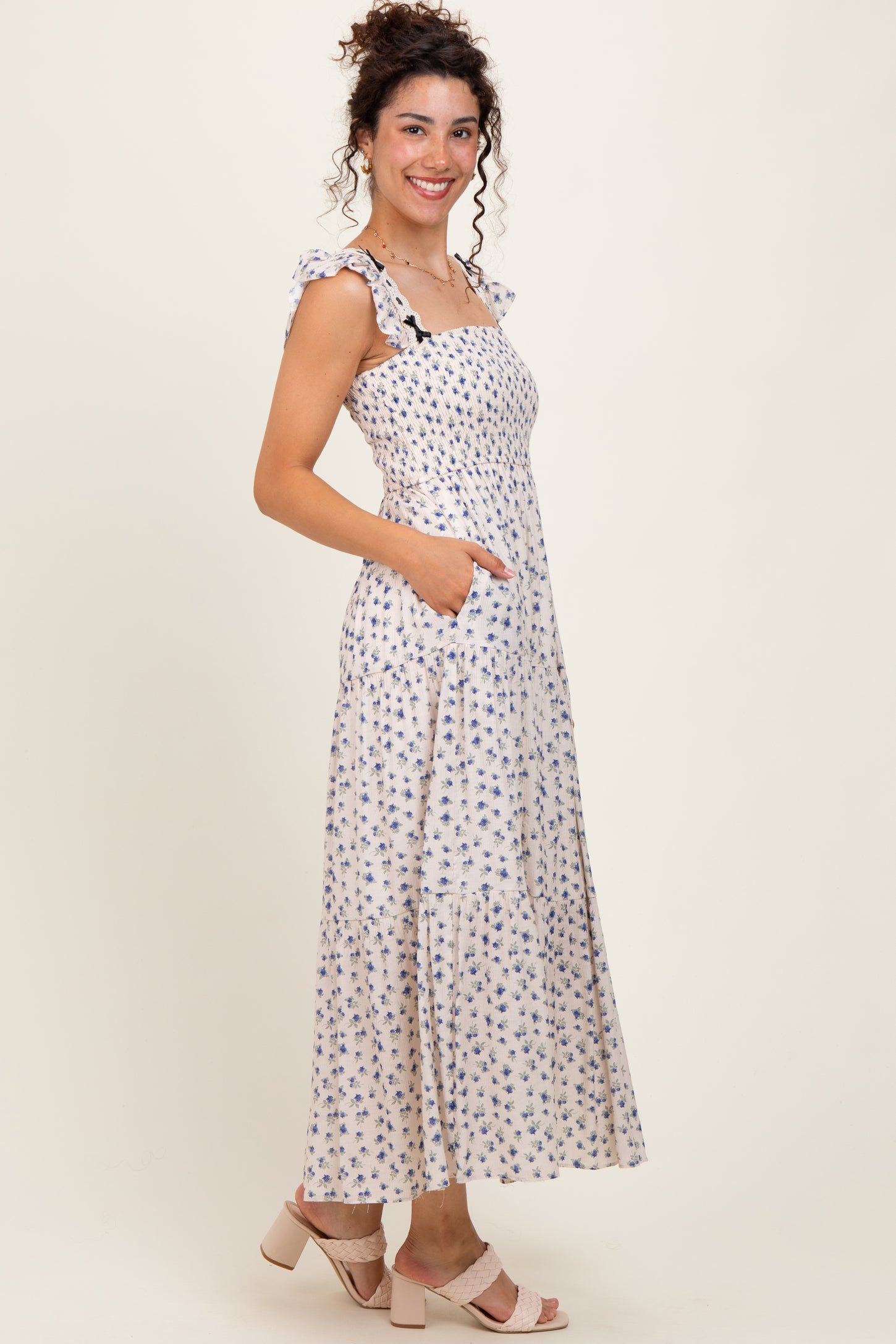 Blue Floral Bow Trim Lace Detail Smocked Maxi Dress