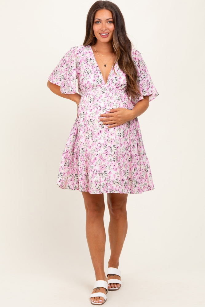 Pink Floral V-Neck Flutter Sleeve Maternity Mini Dress