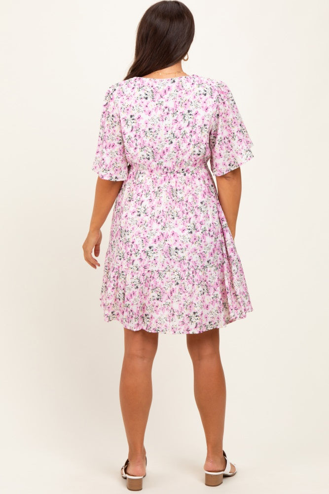 Pink Floral V-Neck Flutter Sleeve Maternity Mini Dress