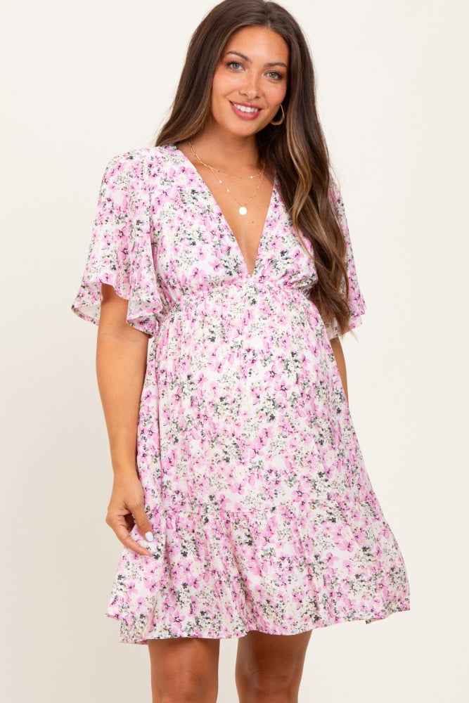 Pink Floral V-Neck Flutter Sleeve Maternity Mini Dress