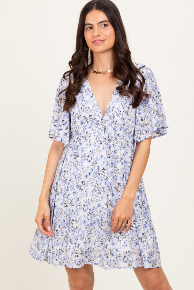 Periwinkle Floral V-Neck Flutter Sleeve Mini Dress