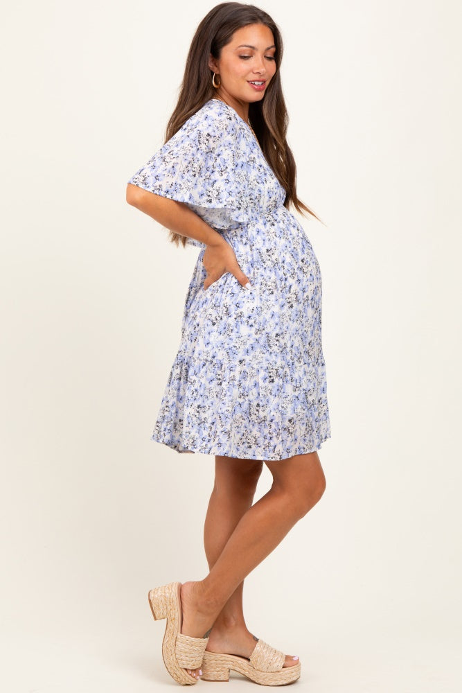 Periwinkle Floral V-Neck Flutter Sleeve Maternity Mini Dress