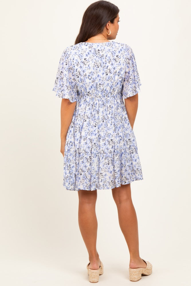 Periwinkle Floral V-Neck Flutter Sleeve Maternity Mini Dress