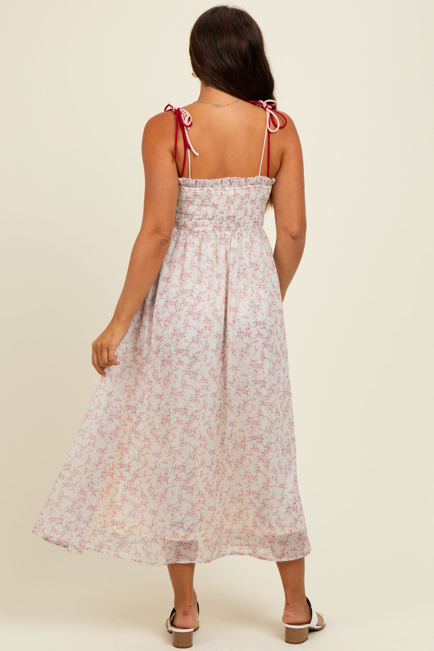 Pink Floral Ruffle Detail Shoulder Tie Maternity Midi Dress