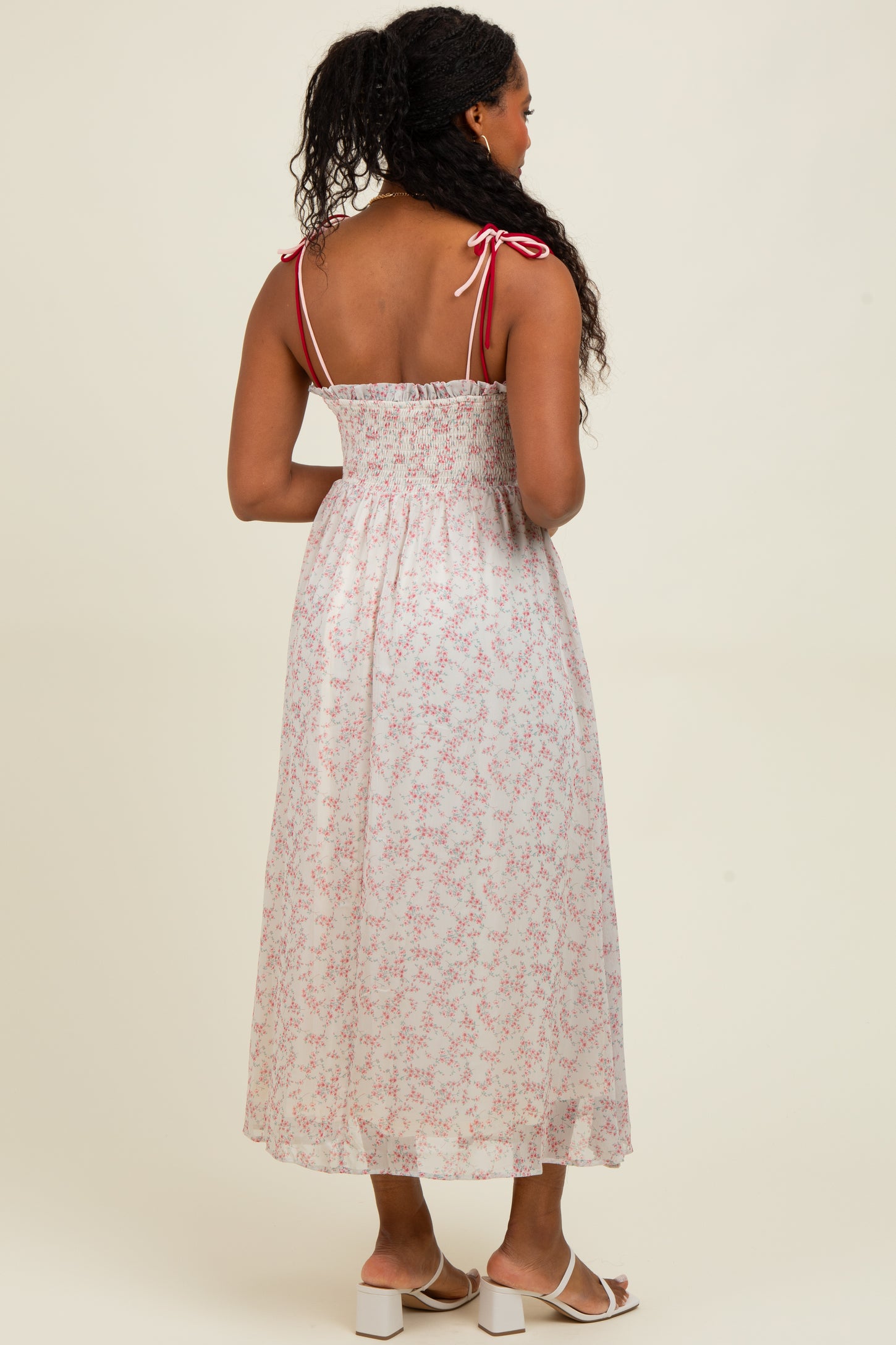 Pink Floral Ruffle Detail Shoulder Tie Midi Dress