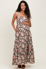 Mocha Floral Ruffle Detail Maternity Maxi Dress