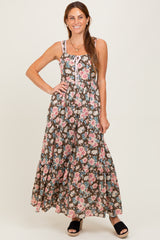 Mocha Floral Ruffle Detail Maxi Dress