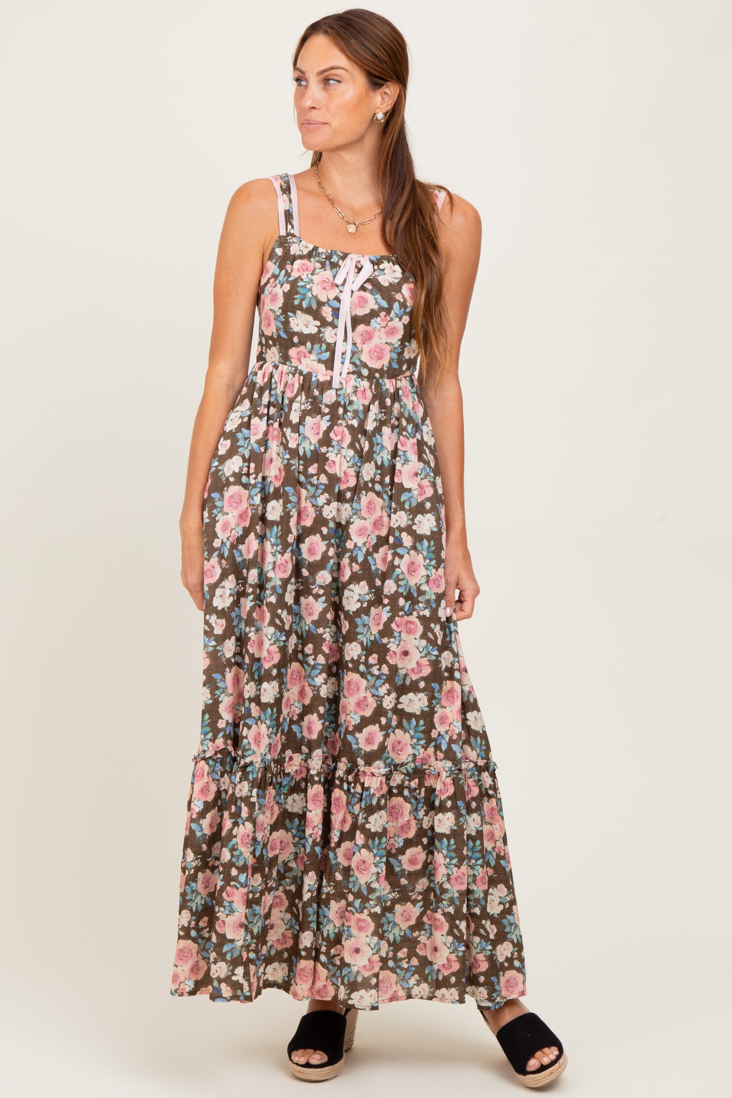 Mocha Floral Ruffle Detail Maxi Dress