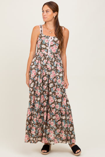 Mocha Floral Ruffle Detail Maxi Dress
