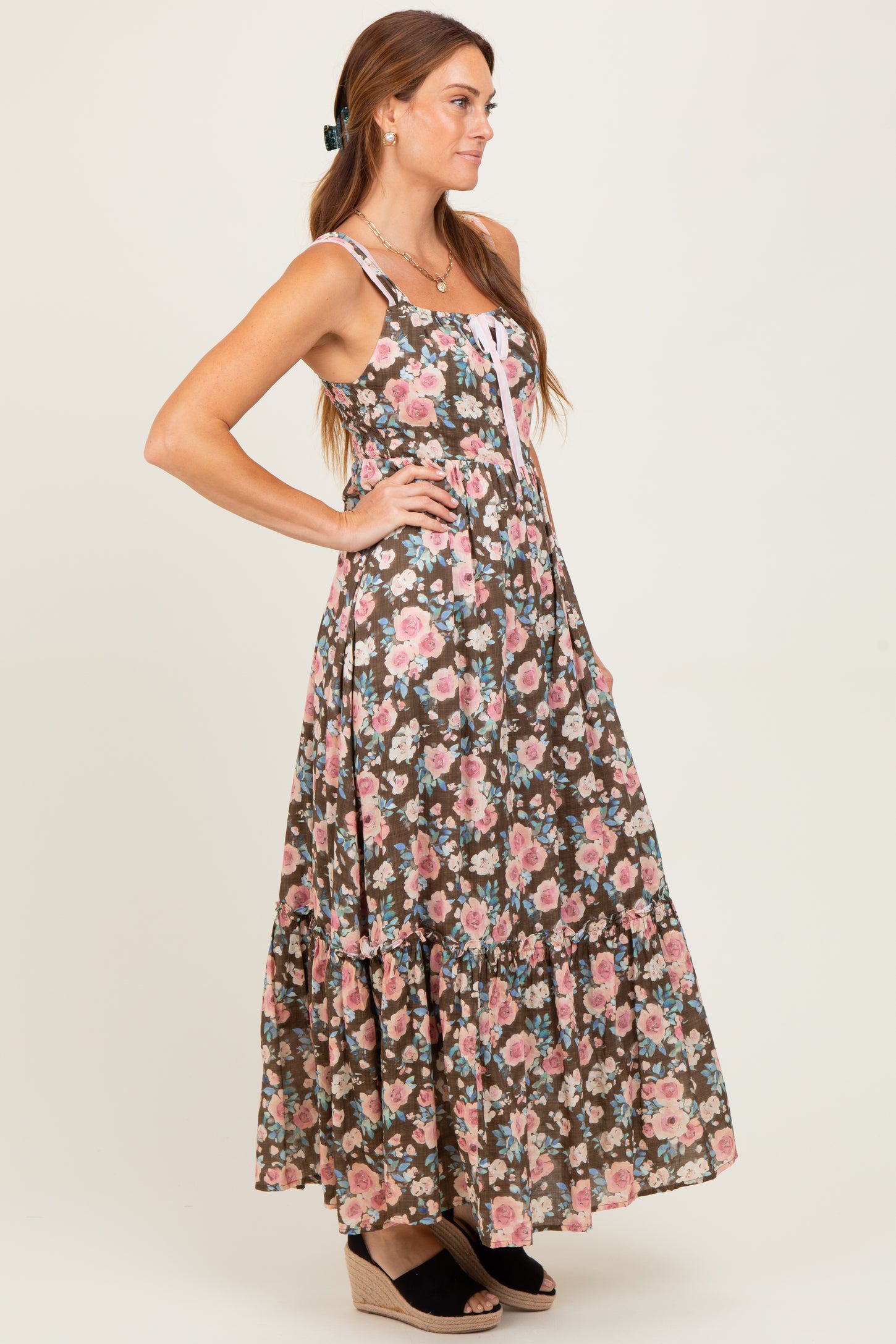 Mocha Floral Ruffle Detail Maxi Dress