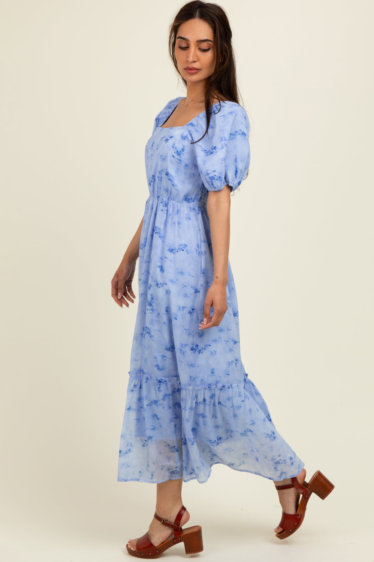 Blue Abstract Puff Sleeve Ruffle Detail Maternity Midi Dress