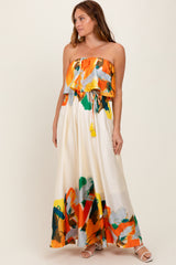 Orange Abstrast Print Strapless Flounce Maternity Maxi Dress