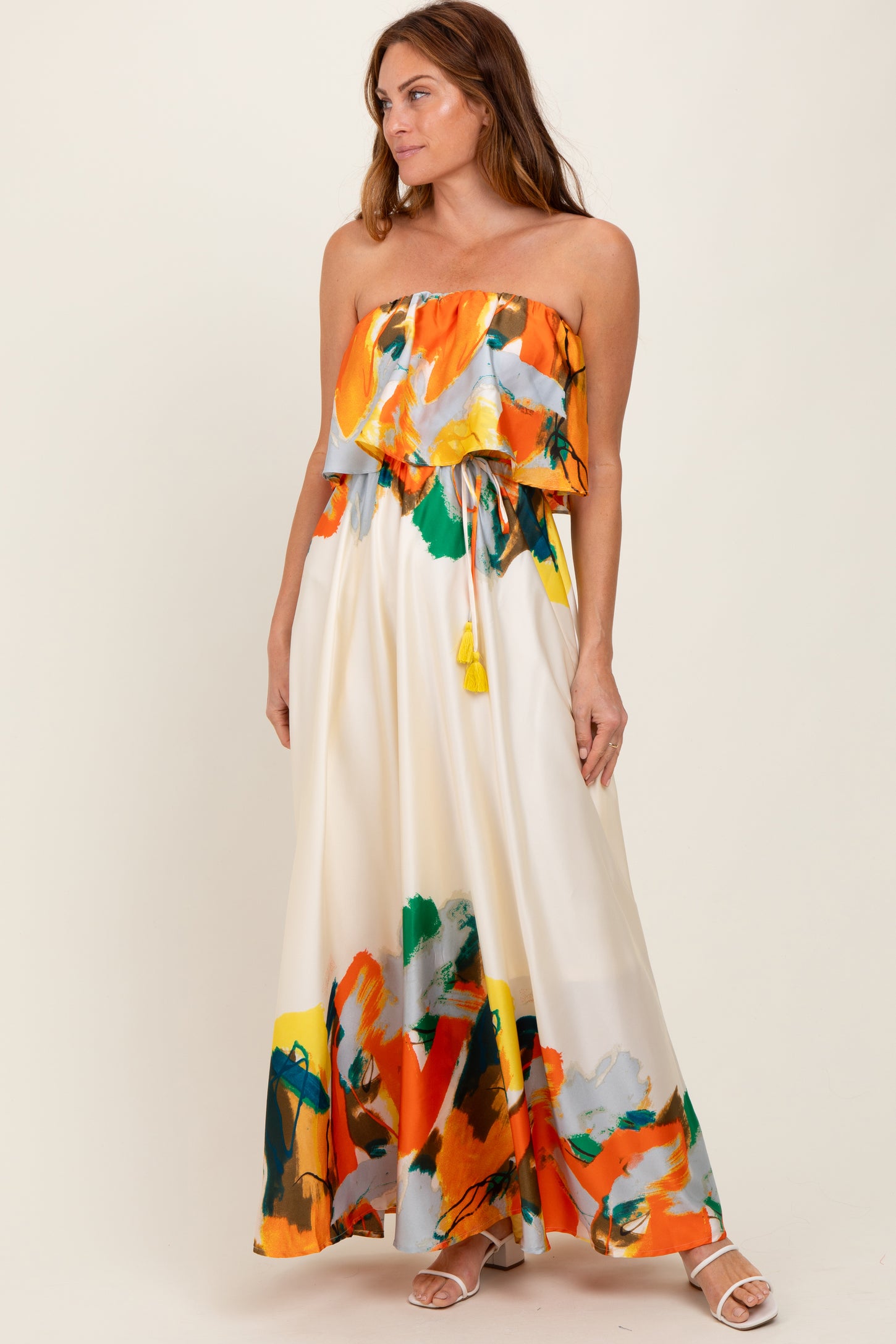Orange Abstrast Print Strapless Flounce Maternity Maxi Dress