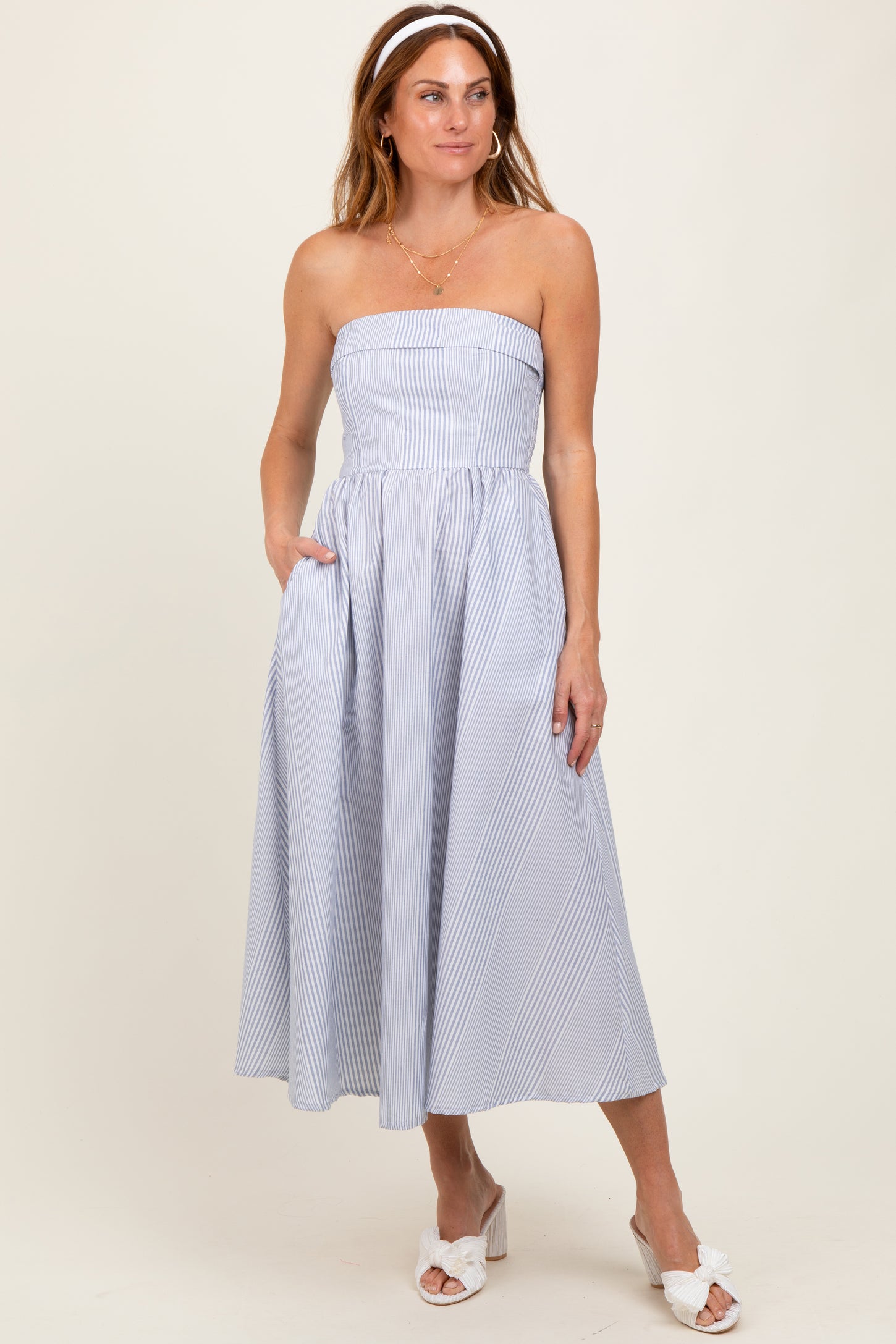 Blue Multi Stripe Strapless Midi Dress