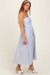 Blue Multi Stripe Strapless Midi Dress