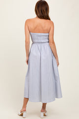 Blue Multi Stripe Strapless Midi Dress