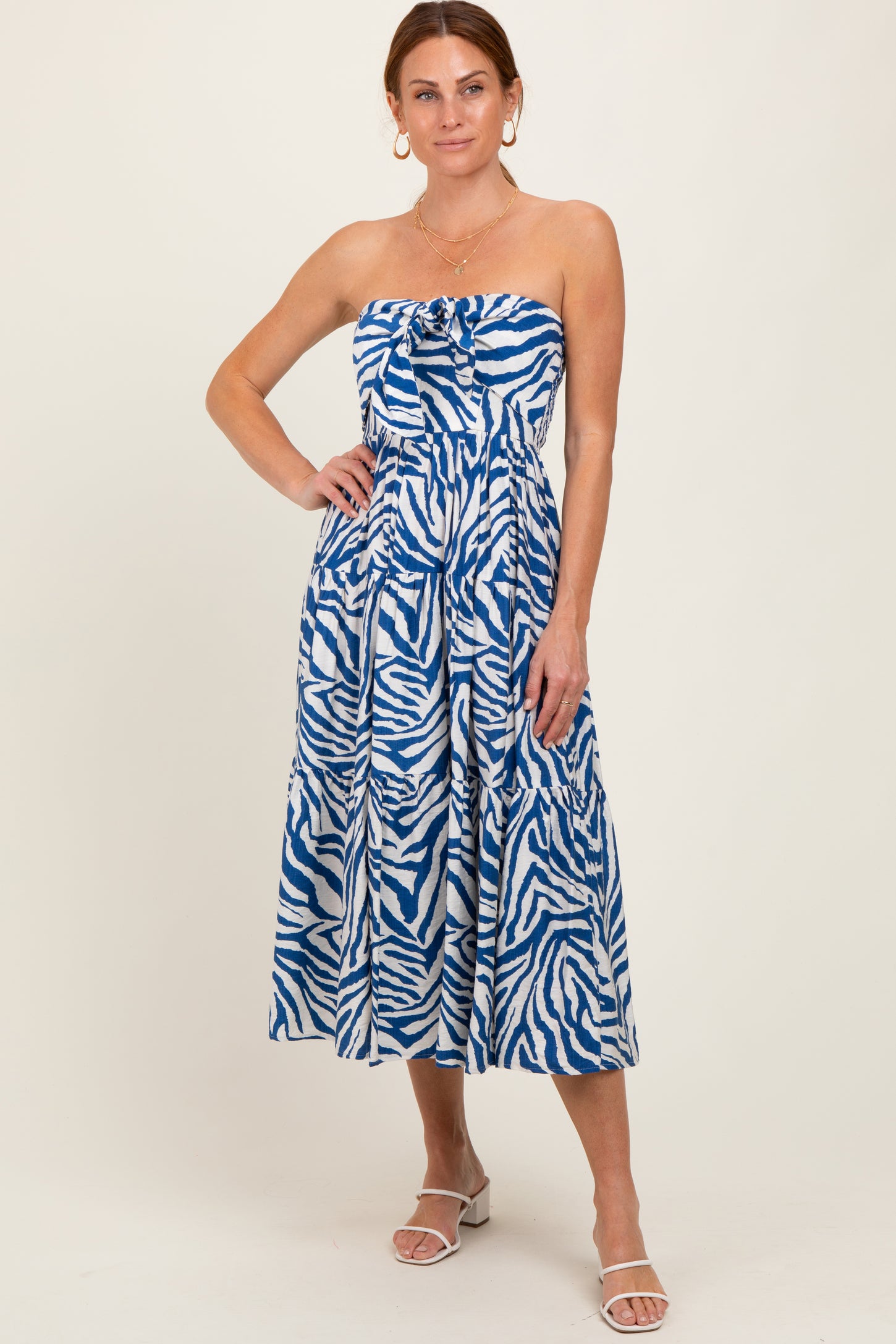 Royal Blue Animal Print Front Tie Strapless Midi Dress