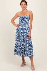 Royal Blue Animal Print Front Tie Strapless Midi Dress