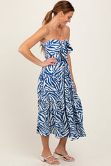Royal Blue Animal Print Front Tie Strapless Midi Dress