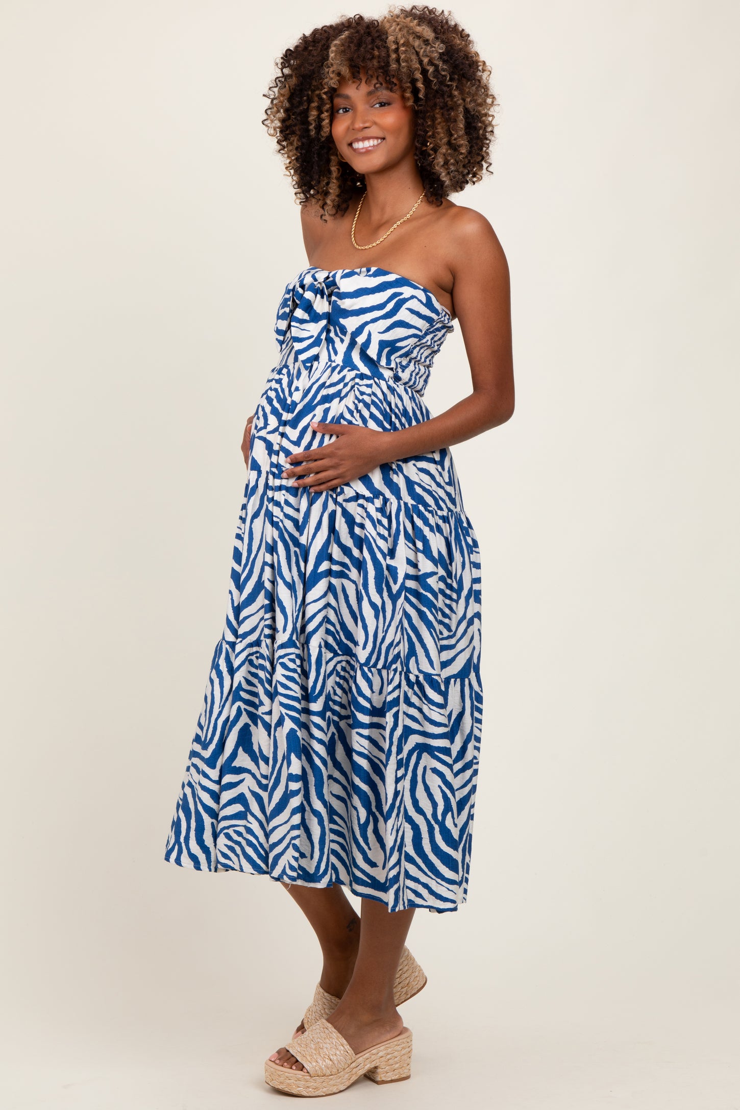 Royal Blue Animal Print Front Tie Strapless Maternity Midi Dress