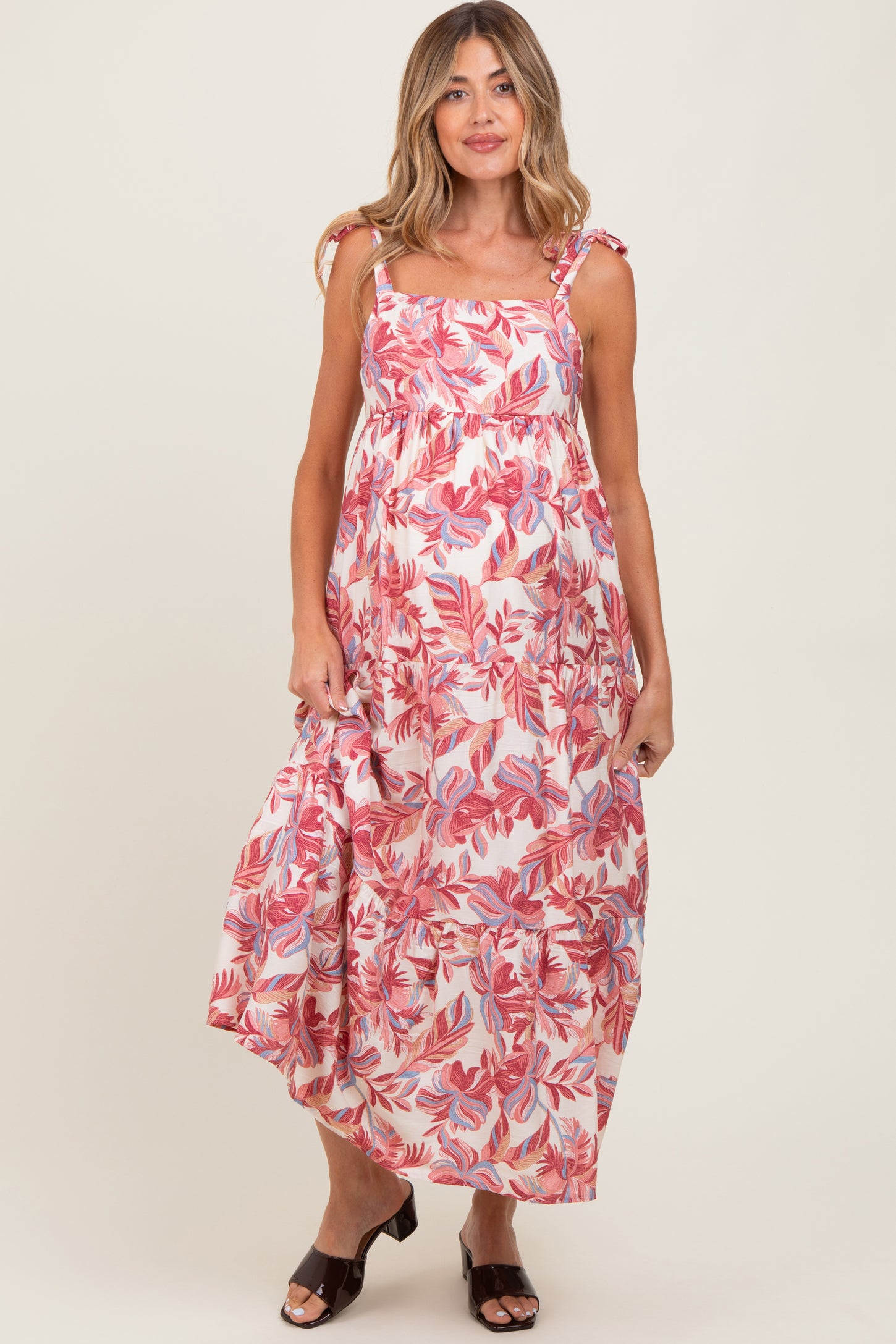 Mauve Floral Shoulder Tie Maternity Midi Dress
