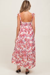 Mauve Floral Shoulder Tie Maternity Midi Dress