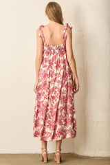 Mauve Floral Shoulder Tie Midi Dress