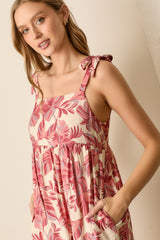 Mauve Floral Shoulder Tie Midi Dress