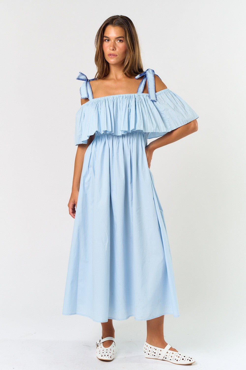 Light Blue Shoulder Tie Flounce Midi Dress Light Blue Shoulder Tie Flounce Midi Dress