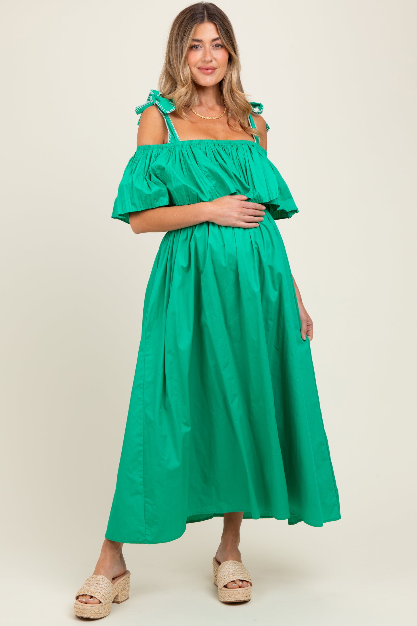 Green Shoulder Tie Flounce Maternity Midi Dress Green Shoulder Tie Flounce Maternity Midi Dress