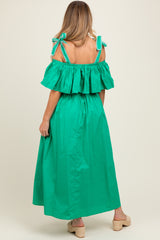Green Shoulder Tie Flounce Maternity Midi Dress